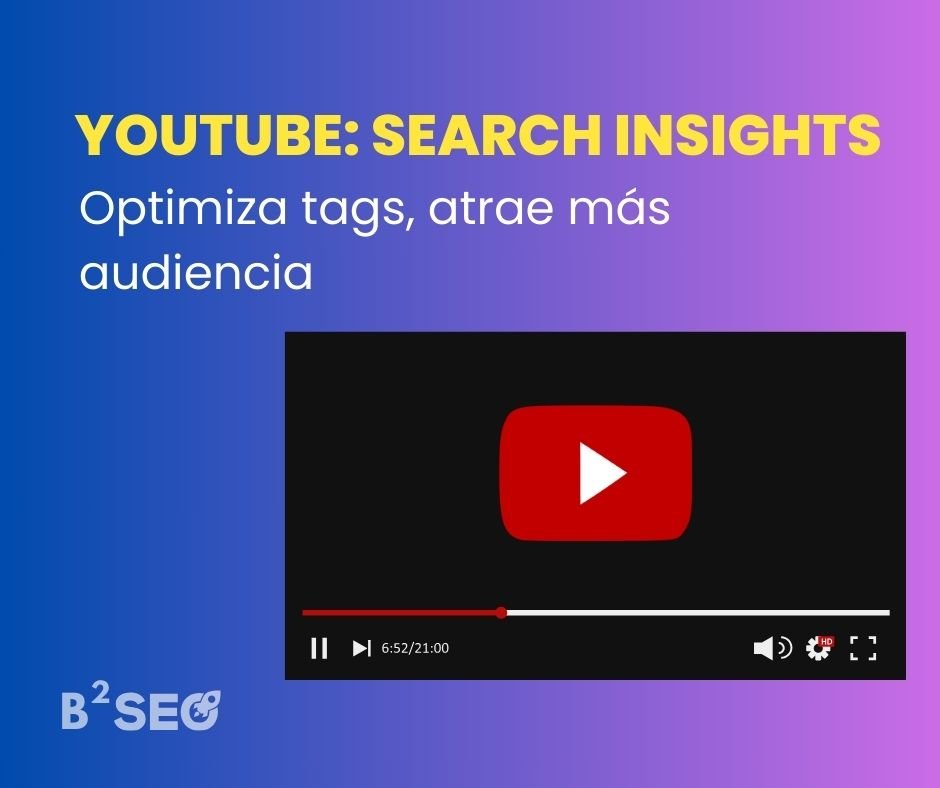 Imagen que destaca la optimización de tags con el texto "YouTube: Search Insights - Optimiza tags para atraer más audiencia B2SEO
